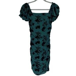 Dear Moon Green Burnout Velvet Floral Ruched Midi Dress Puff Sleeve Goth Holiday